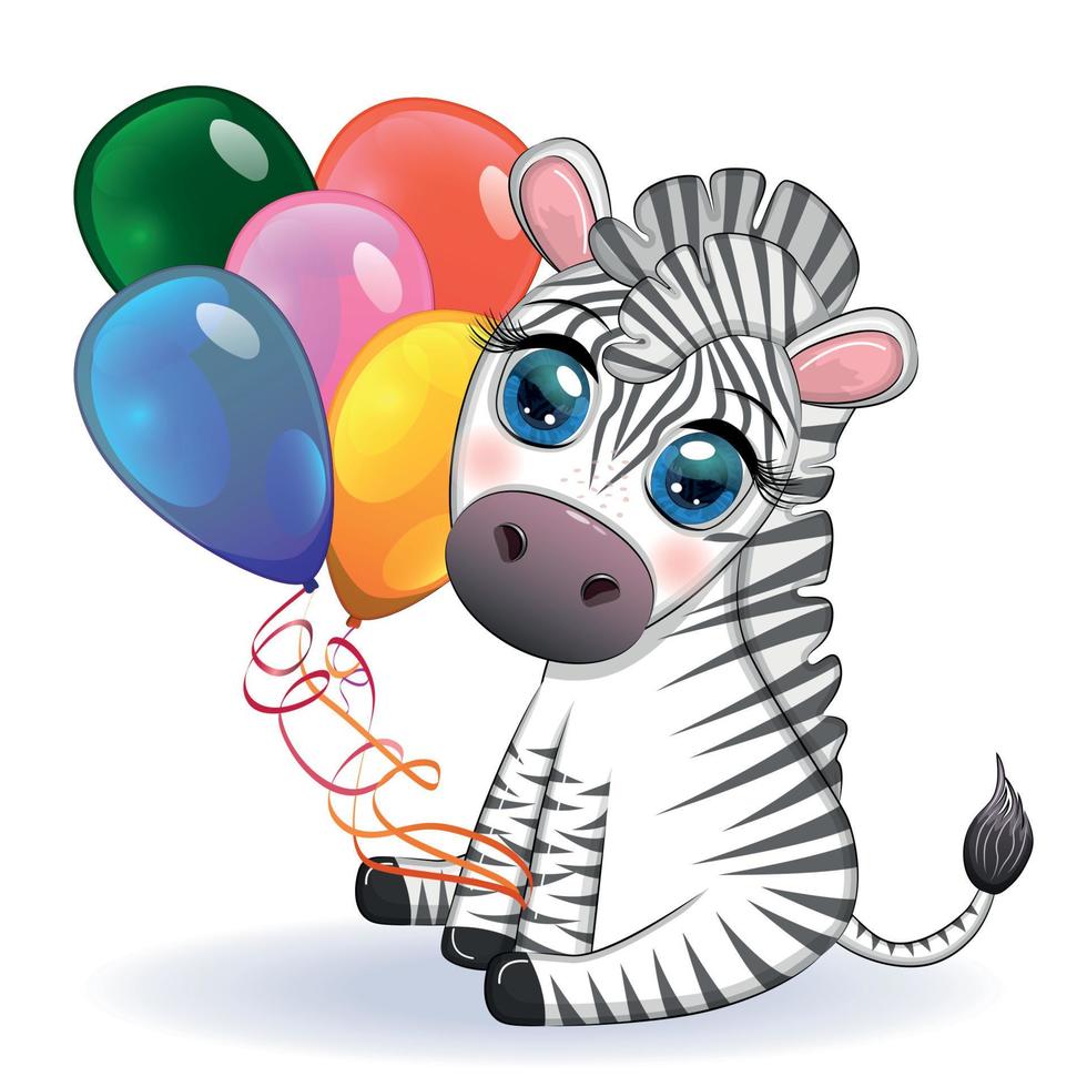 Cute cartoon zebra is sitting and holding balloons. Children's striped character, holiday vector