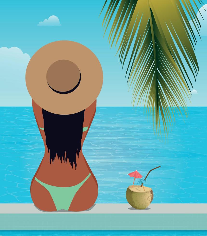 ilustración digital de una chica en un sombrero descansando de vacaciones en los trópicos bebiendo un cóctel nadando y tomando el sol en una piscina con vista al mar vector