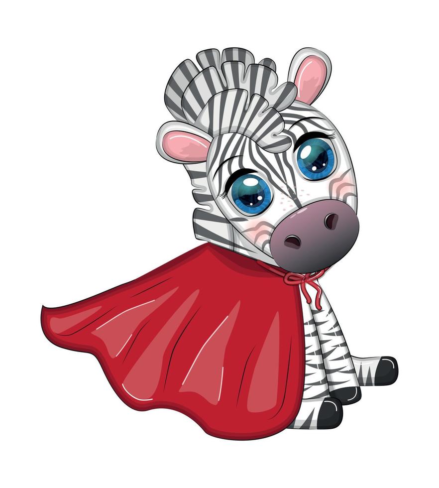 Striped zebra in a red coat. super hero child character vector