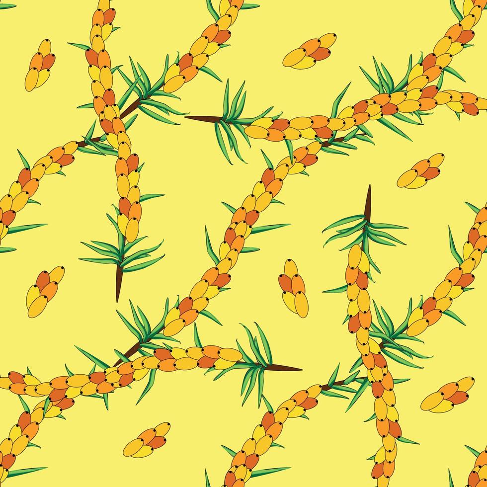 Sea buckthorn seamless pattern. Twigs with berries and leaves. Template with orange fresh berries for wallpaper vector