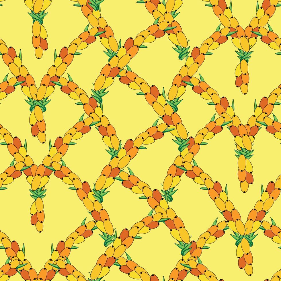 Sea buckthorn seamless pattern. Twigs with berries and leaves. Template with orange fresh berries for wallpaper vector