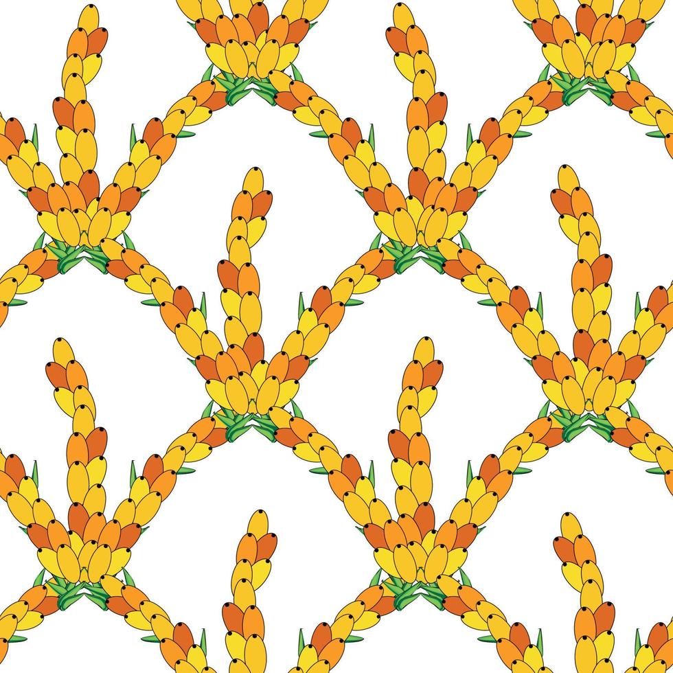 Sea buckthorn seamless pattern. Twigs with berries and leaves. Template with orange fresh berries for wallpaper vector