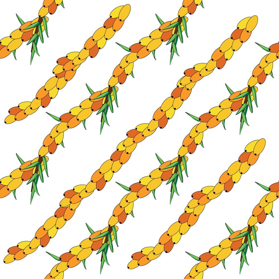 Sea buckthorn seamless pattern. Twigs with berries and leaves. Template with orange fresh berries for wallpaper vector