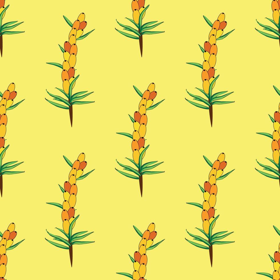 Sea buckthorn seamless pattern. Twigs with berries and leaves. Template with orange fresh berries for wallpaper vector