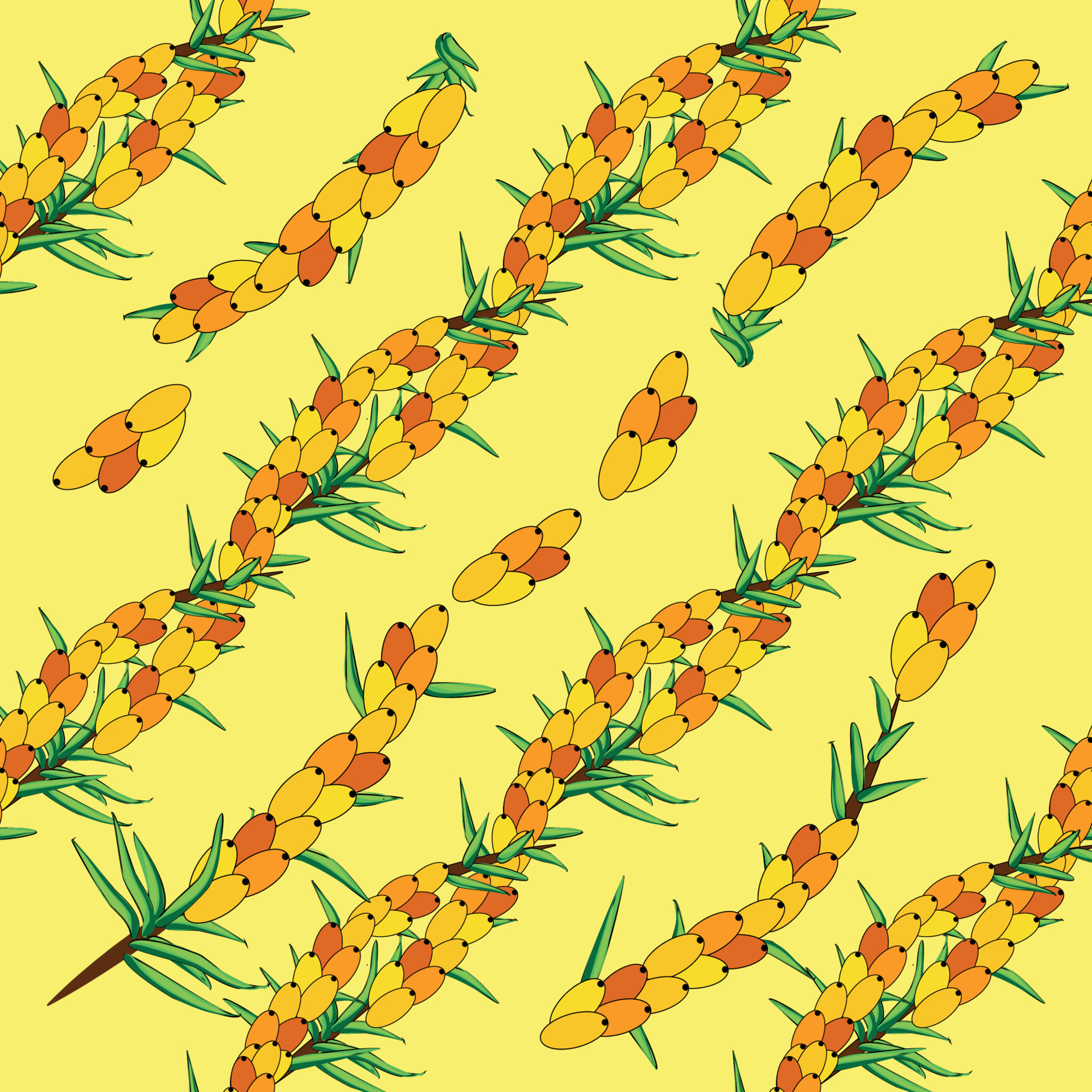 Sea buckthorn seamless pattern. Twigs with berries and leaves. Template