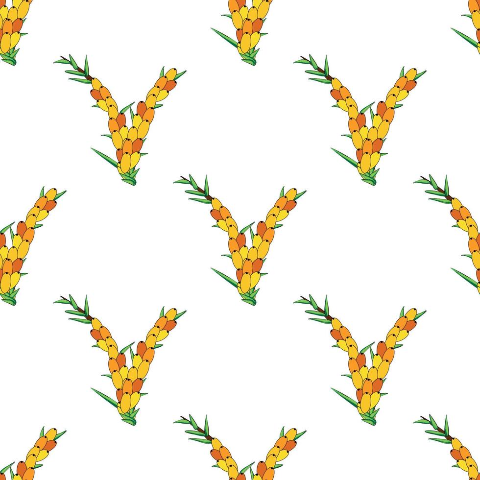 Sea buckthorn seamless pattern. Twigs with berries and leaves. Template with orange fresh berries for wallpaper vector
