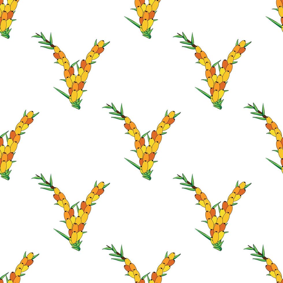 Sea buckthorn seamless pattern. Twigs with berries and leaves. Template with orange fresh berries for wallpaper vector