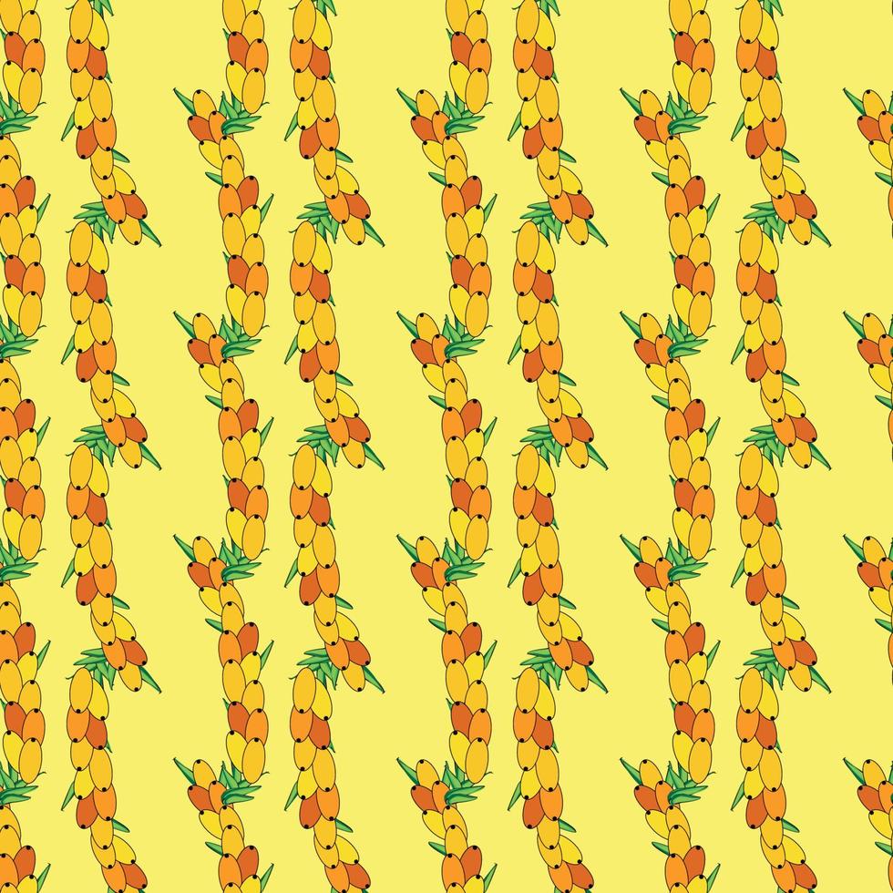 Sea buckthorn seamless pattern. Twigs with berries and leaves. Template with orange fresh berries for wallpaper vector