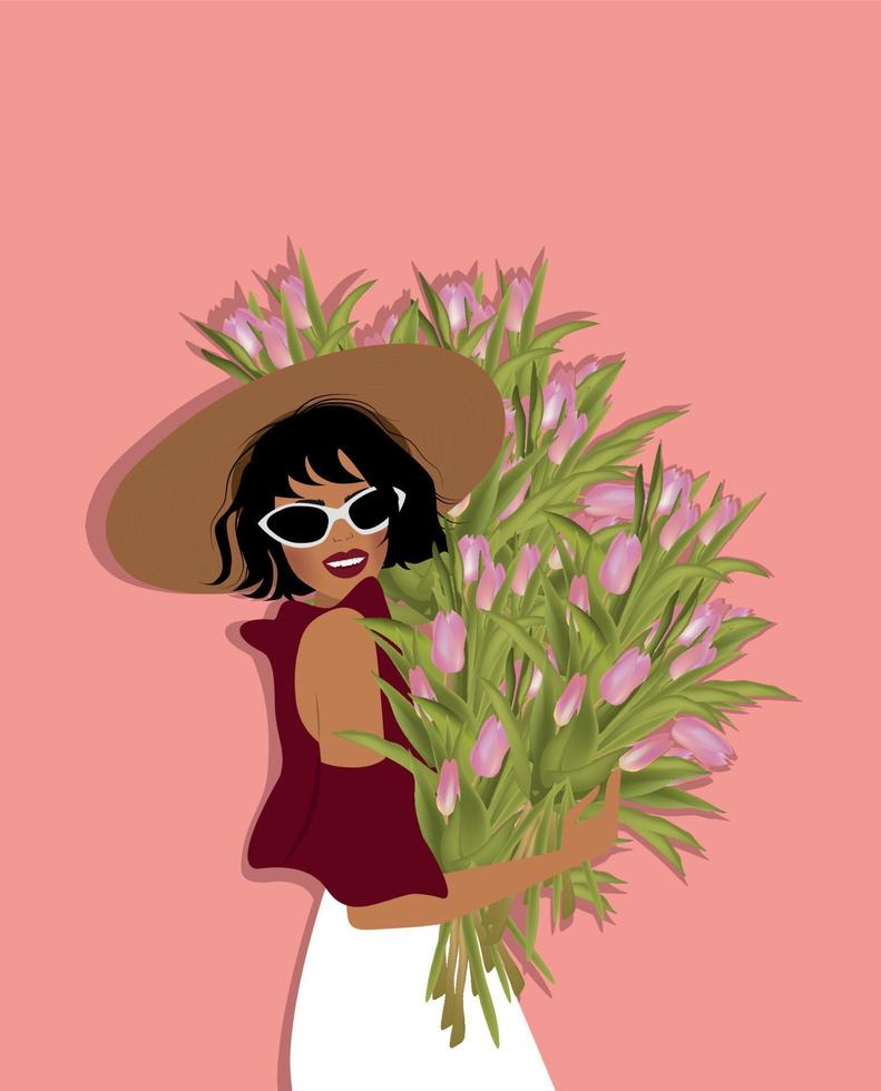 Girl in glasses with large bouquets of tulip flowers on a pink background vector