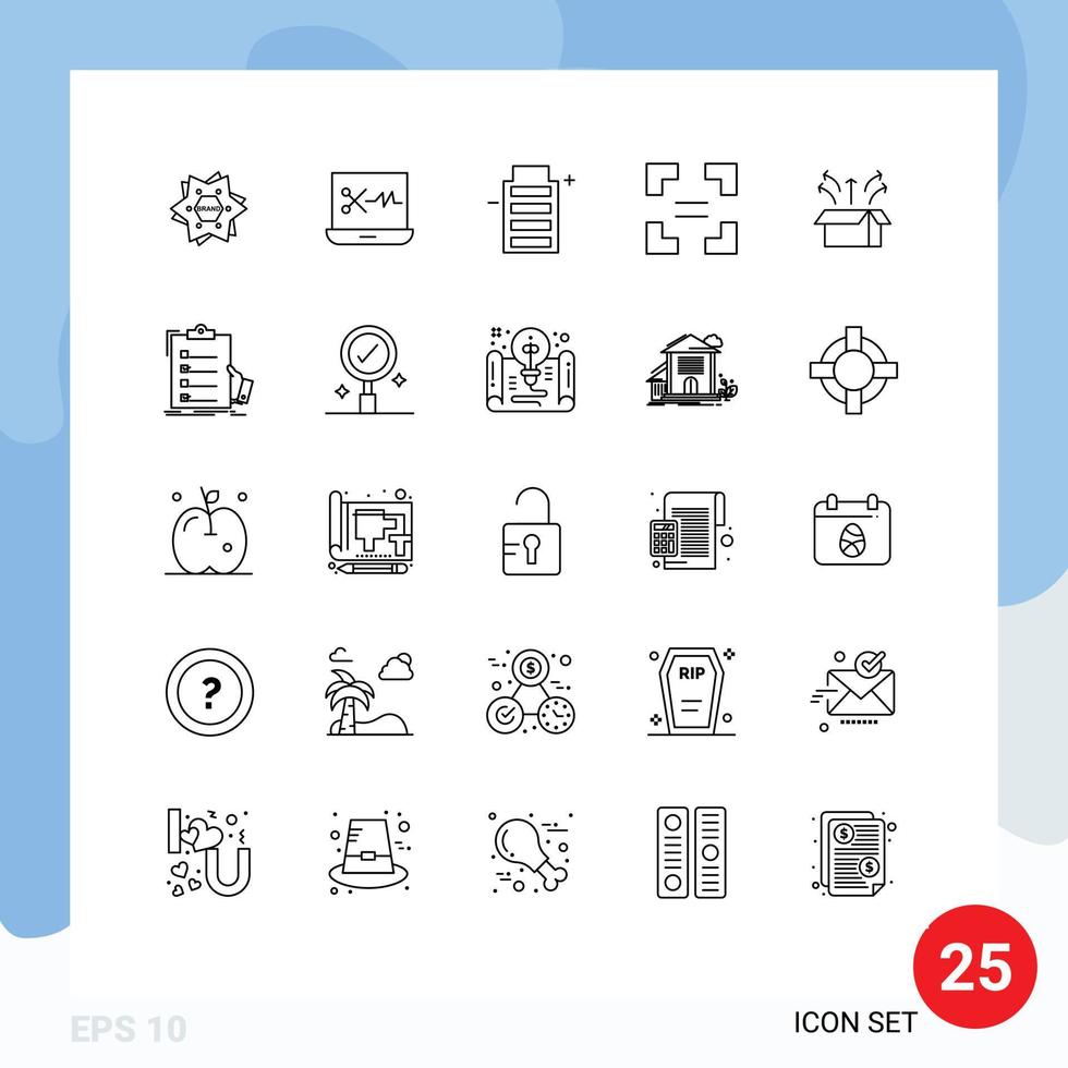Mobile Interface Line Set of 25 Pictograms of launch release battery equal full screen Editable Vector Design Elements
