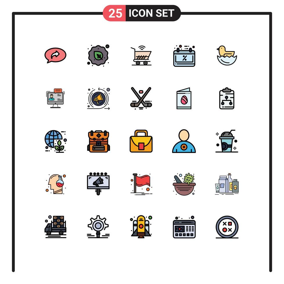 paquete de 25 modernos signos y símbolos de colores planos de línea rellena para medios de impresión web, como el viernes de pato, calendario vegetariano, compras, elementos de diseño de vectores editables