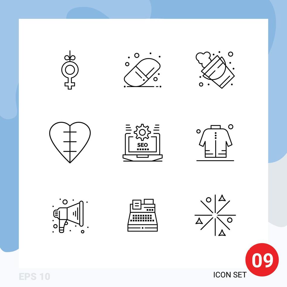 Set of 9 Commercial Outlines pack for setting laptop firefighter seo human heart Editable Vector Design Elements