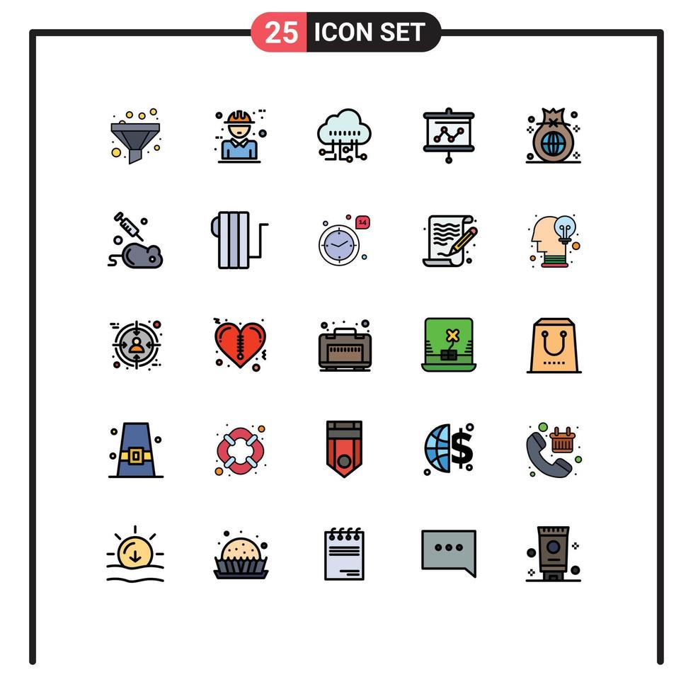 Mobile Interface Filled line Flat Color Set of 25 Pictograms of finance bag data projector graph Editable Vector Design Elements