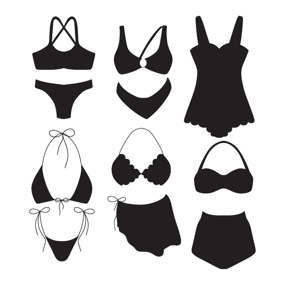 Vector illustration graphics set of different silhouettes bikini swimwear icons stickers vacation