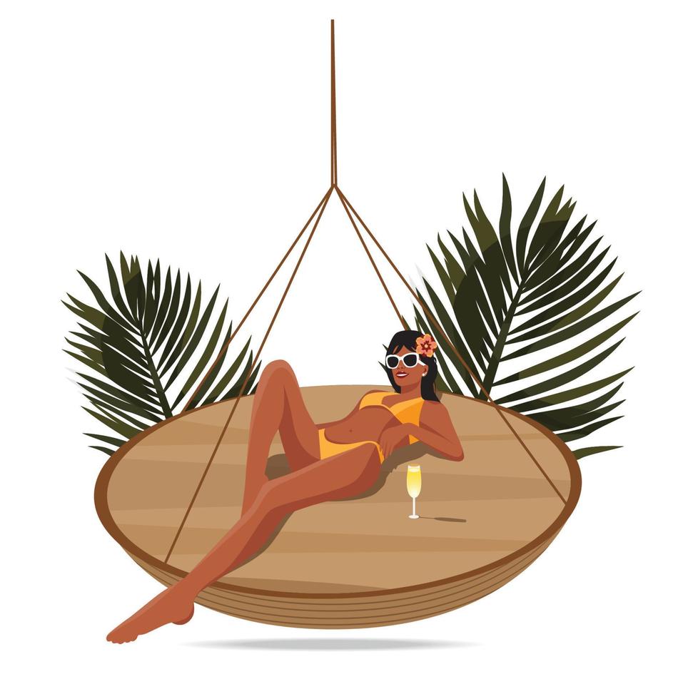 ilustración digital de una chica de vacaciones en los trópicos descansando en bikini en una tumbona colgante con champán vector