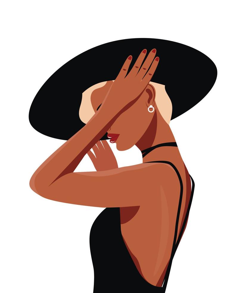 Digital illustration of a portrait of a girl covering her face in a hat and swimsuit vector