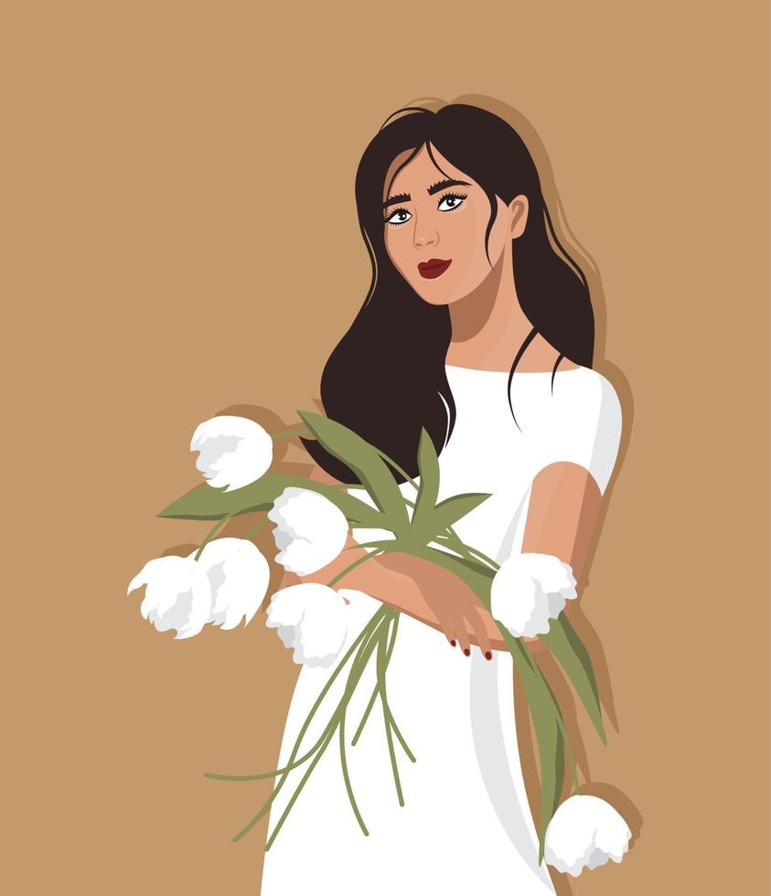 Digital illustration of a beautiful girl holding a flower bouquet for womens day and mothers day vector