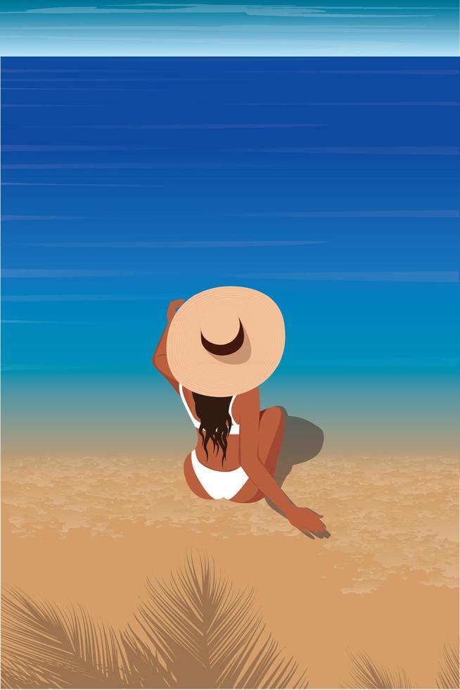 Girl in a hat on the beach by the sea vector