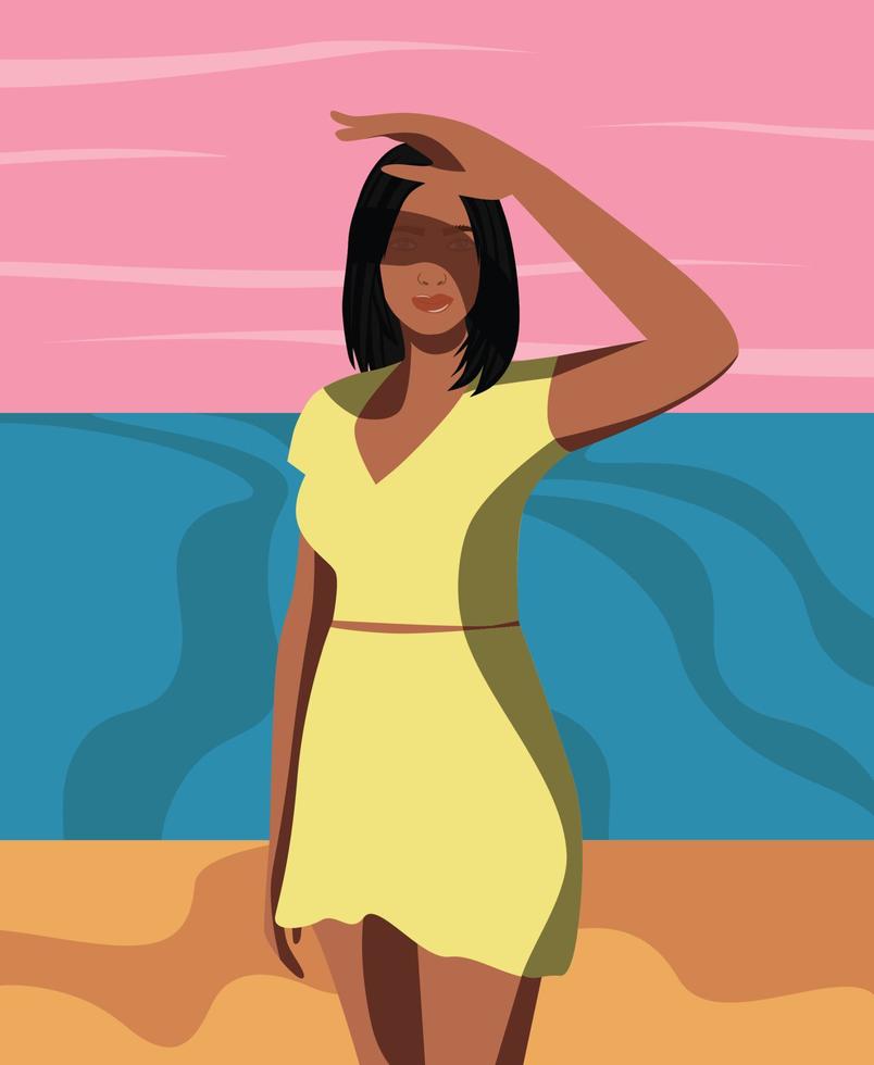 ilustración digital de una chica brillante en la playa cubre su cara del sol al atardecer vector