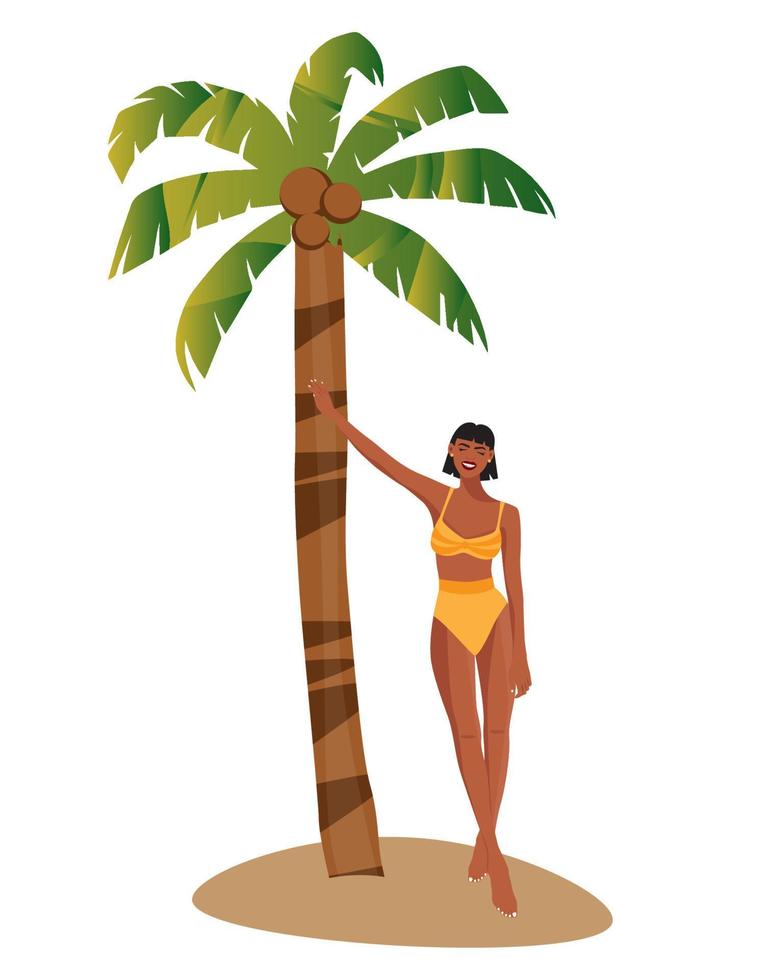 ilustración digital de una hermosa modelo de niña parada cerca de una palmera y disfruta de las vacaciones vector