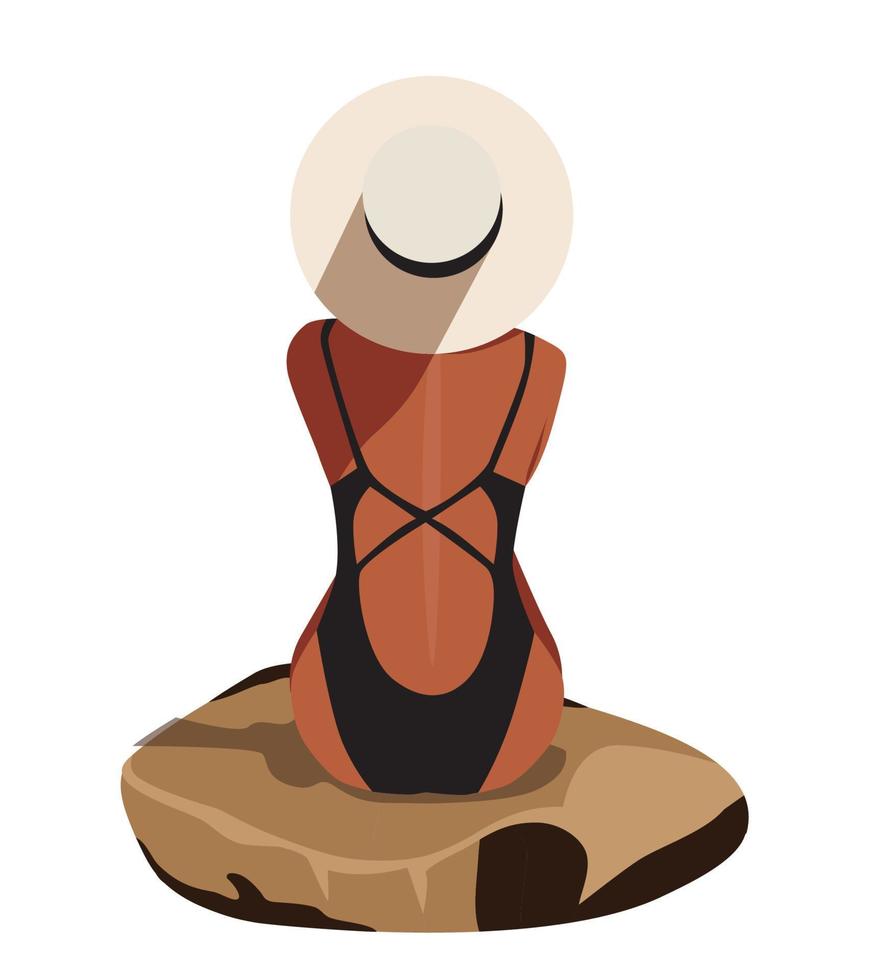 Digital illustration of a girl in a hat and swimsuit sitting on a stone on a white background vector