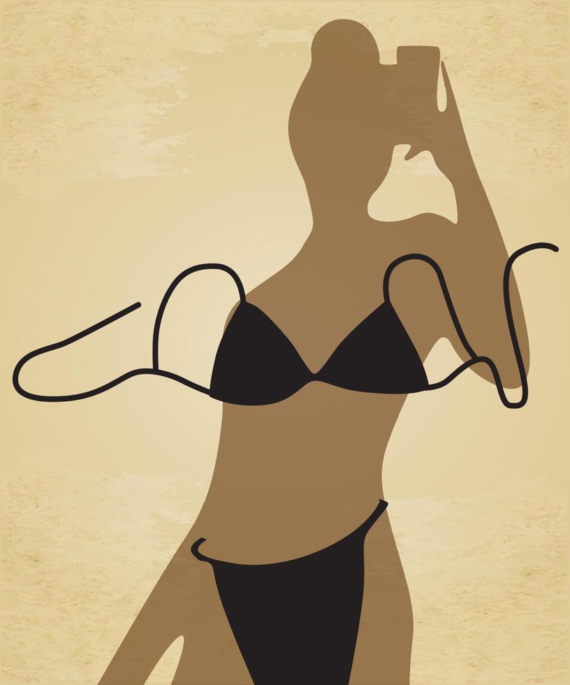 Digital illustration of a girl on vacation on the beach in the summer makes a fun photo taking pictures of her shadow on the sand vector