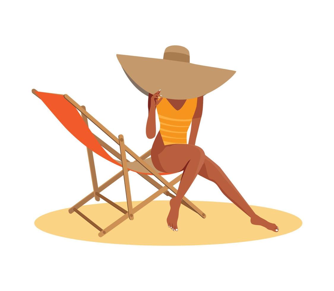 Digital illustration of a girl in the summer at the sea on vacation sits in a big hat on a deck chair vector
