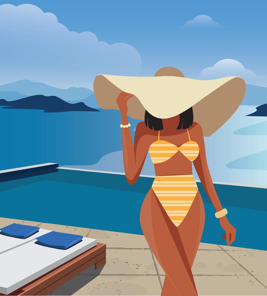 chica de ilustración digital con sombrero y bikini en la villa de la piscina en el fondo del paisaje del océano y las montañas vector