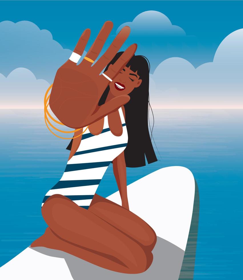 ilustración digital de una chica surfista feliz en vacaciones de verano se regocija y monta una tabla en el océano vector