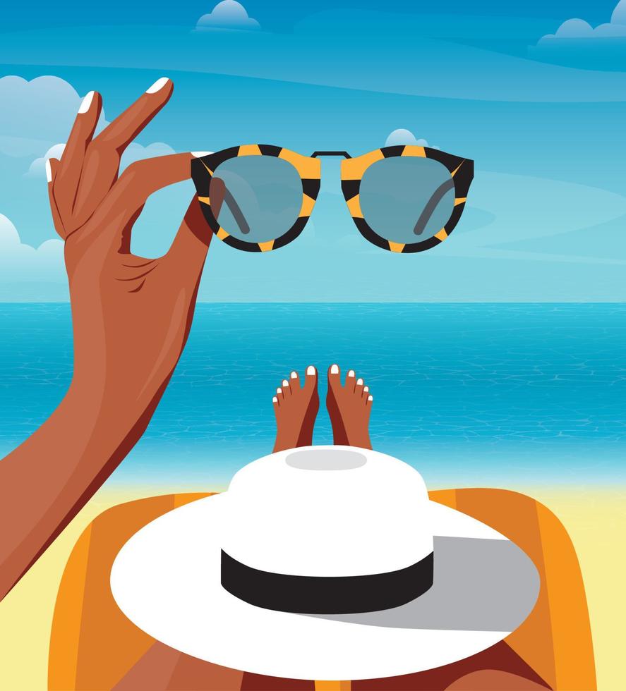 ilustración digital de una chica tomando el sol en la playa de vacaciones sostiene gafas en la mano y mira a través de ellas al océano vector