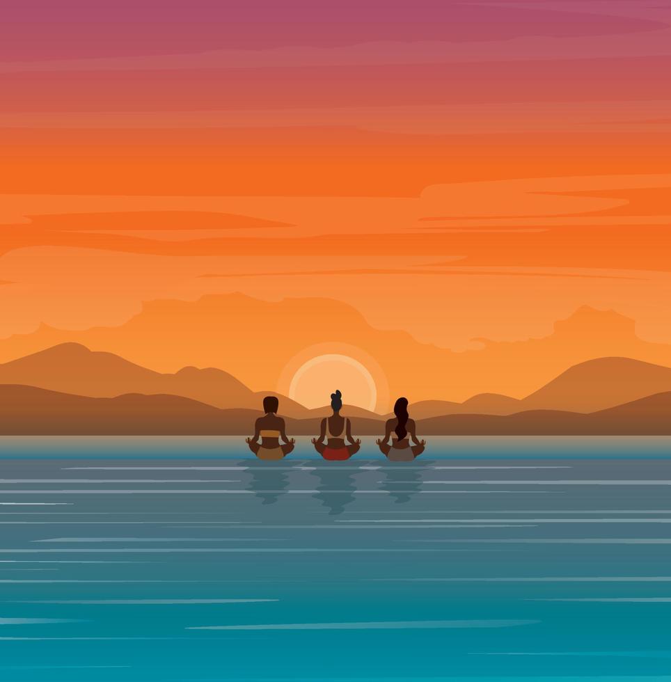 Digital illustration three girls doing yoga on summer vacation meditate in the water at sunset vector