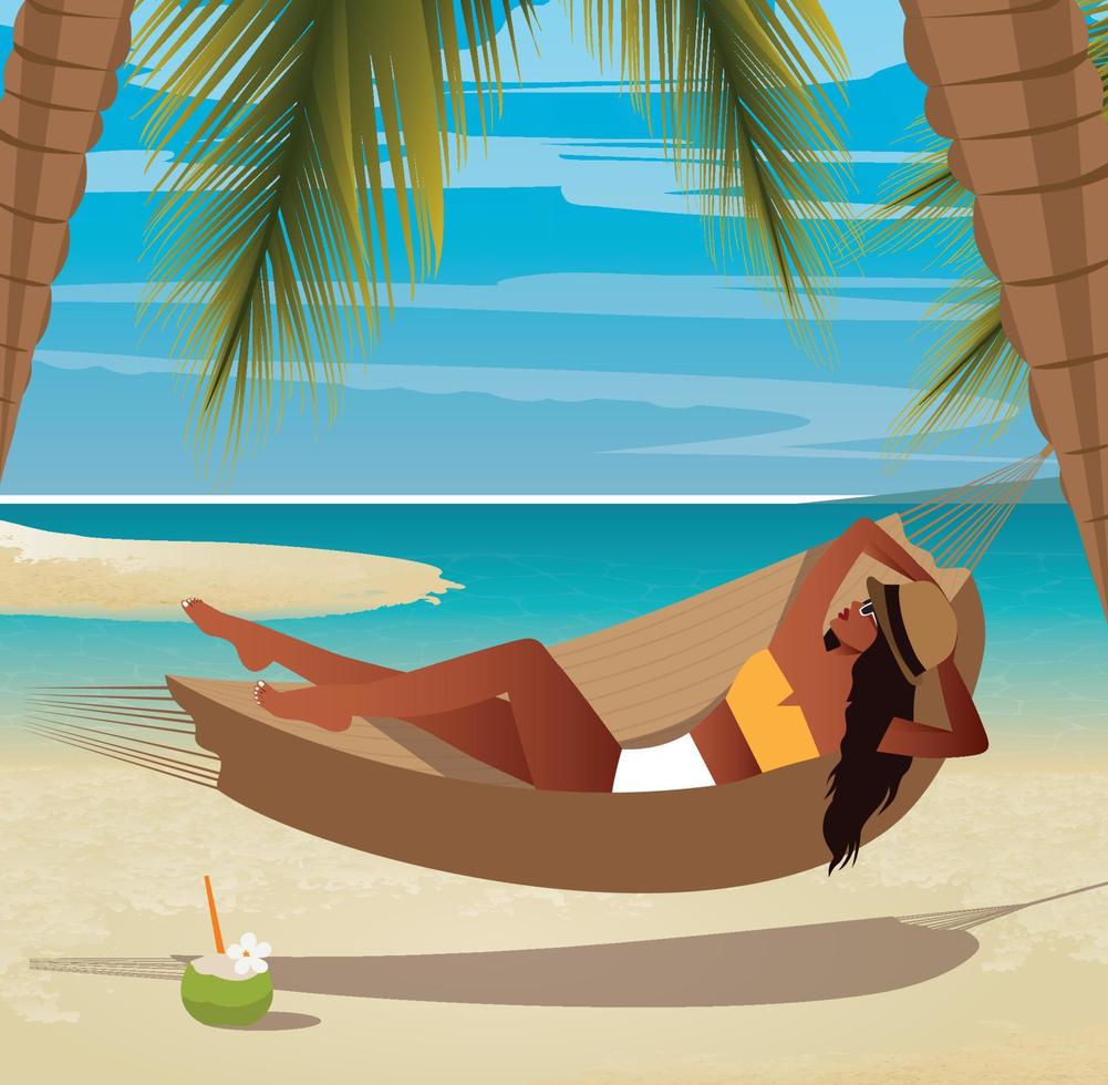 ilustración digital de una chica en vacaciones de verano en la playa yace en una hamaca y disfruta del sol bajo una palmera vector