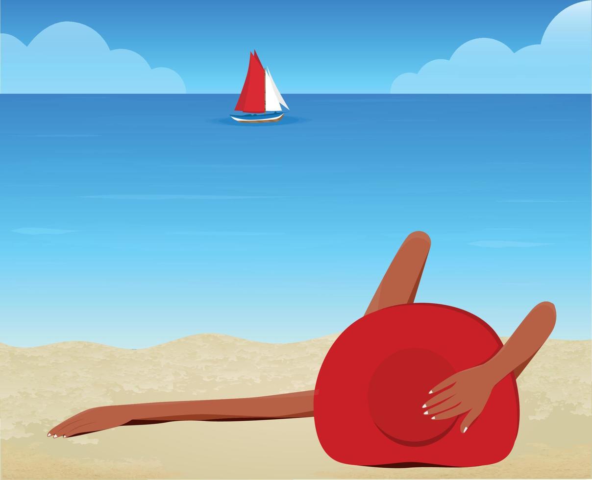 1 Digital illustration of a girl in a hat sunbathing and swimming on vacation on the beach of the ocean sea vector