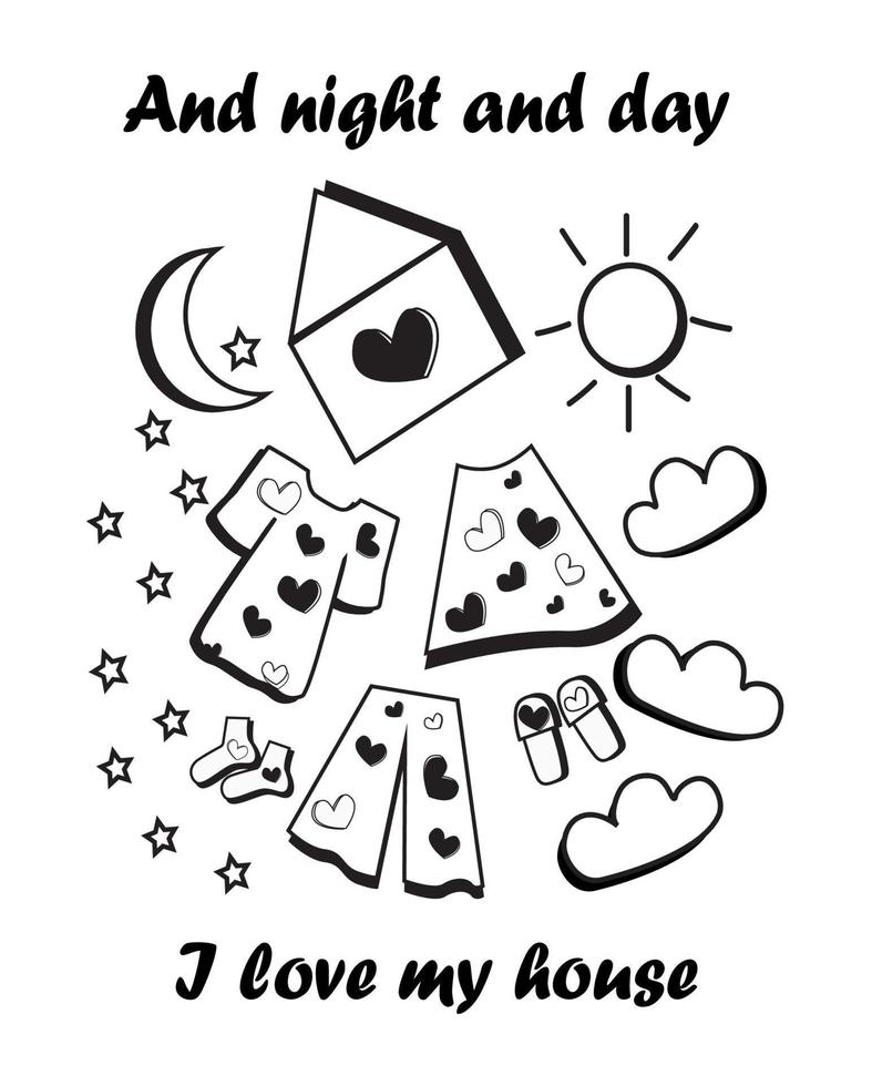 Doodle illustration house pajamas night day slippers socks stars love in simple things can be used as a print vector