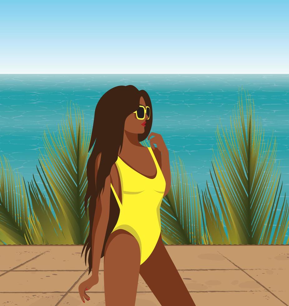 Digital illustration of a bright illustration of a girl on vacation in a yellow swimsuit stands against a background of palm trees and ocean vector