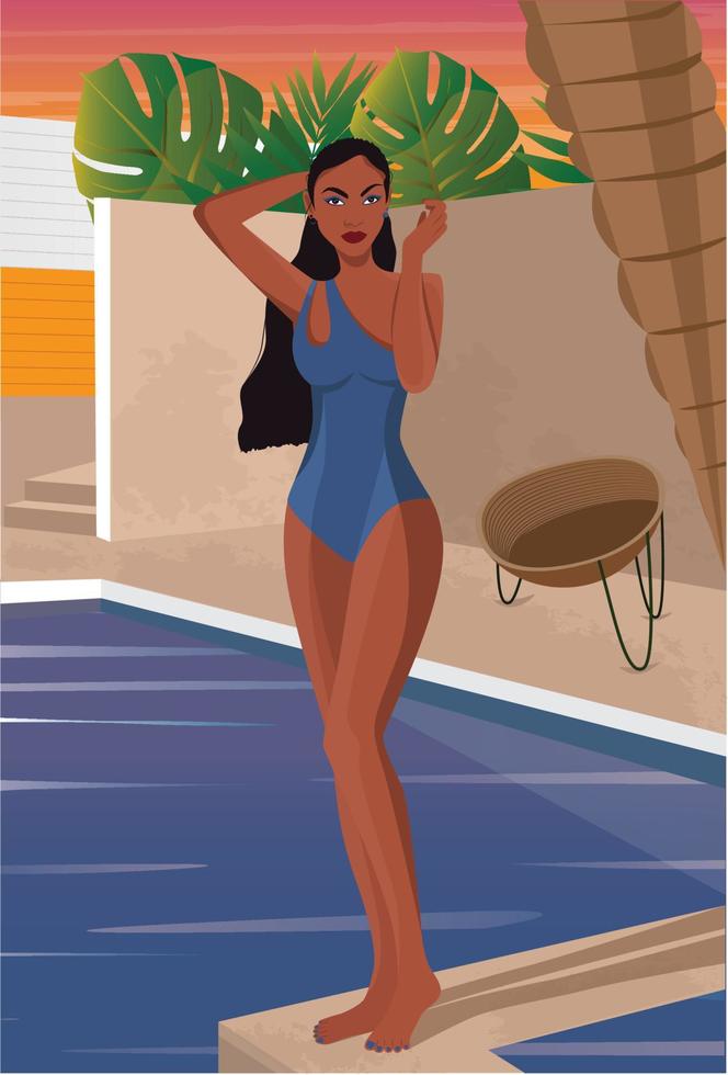 ilustración digital de una chica descansando en verano de vacaciones nadando en la piscina al atardecer en la villa de la isla vector