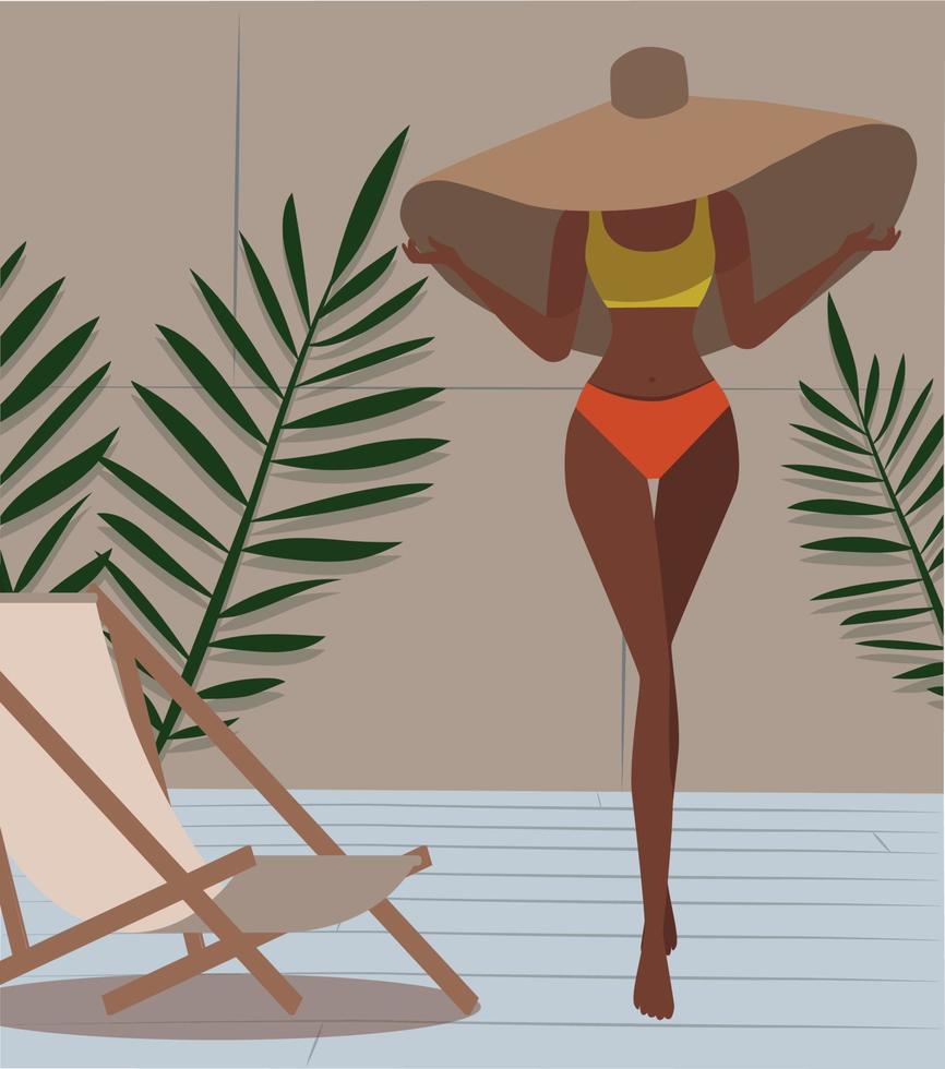 Tanned slim girl in a swimsuit resting on vacation and posing in a big beautiful hat, around greens and a sunbed vector