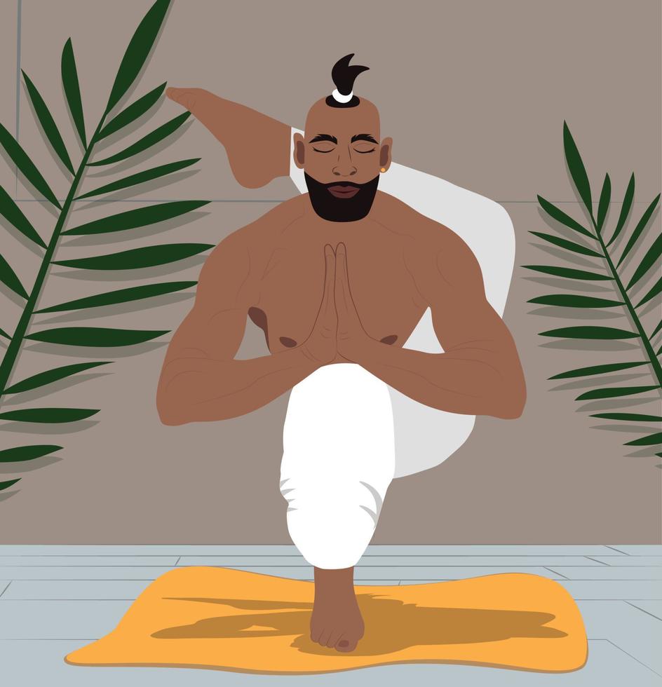 A man in a yoga pose is engaged in meditation vector