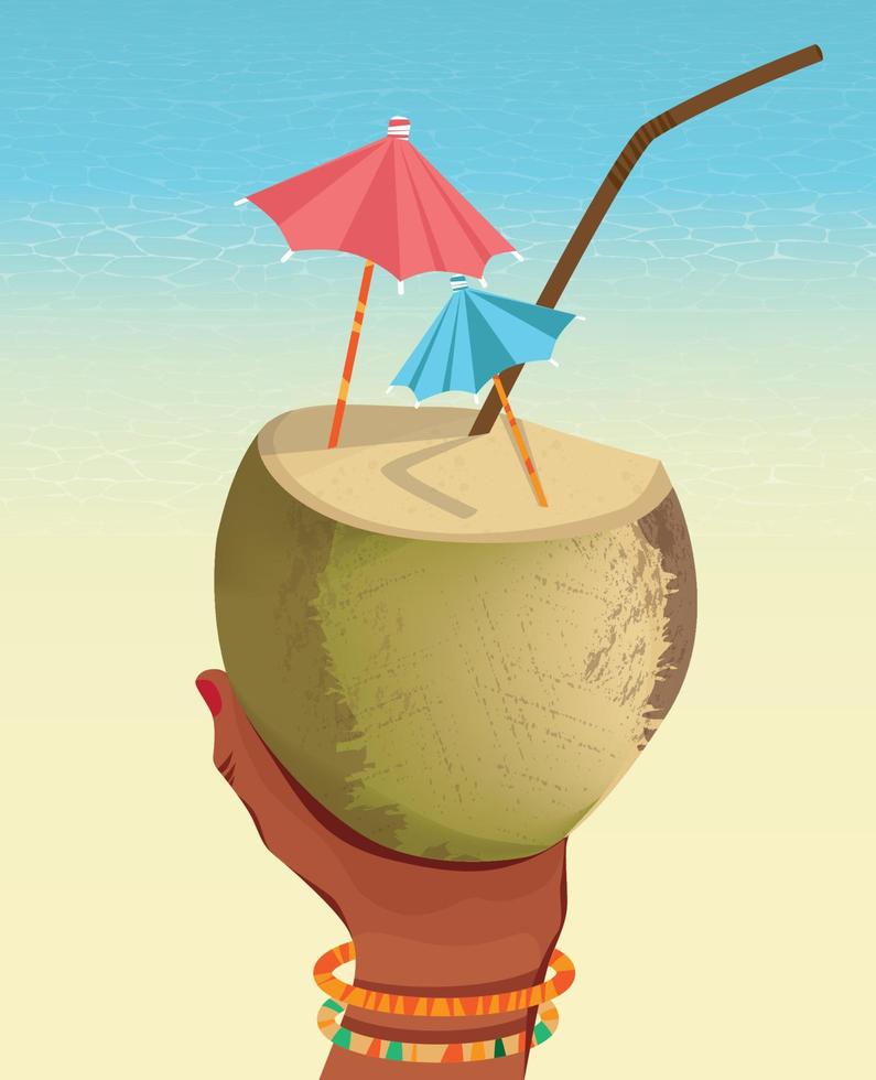 Digital illustration of a girl in the summer on the beach holding in her hand a ripe coconut cocktail with an umbrella and a straw of juice on the background of the ocean sea vector