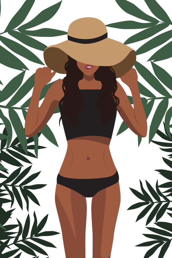 chica de moda descansando de vacaciones en un sombrero y traje de baño posando sobre un fondo de plantas vector