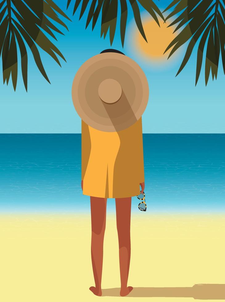 ilustración digital de una chica en vacaciones de verano con sombrero y chaqueta en la playa del océano entre palmeras vector