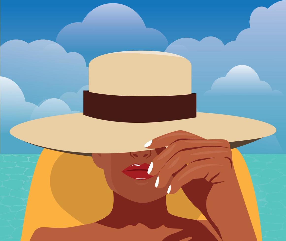 ilustración digital de un retrato de una chica con un sombrero en el mar en verano de vacaciones vector