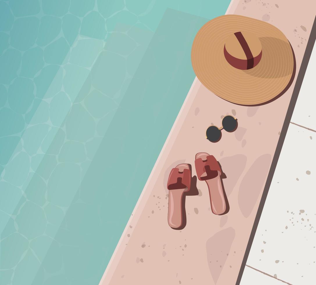 Digital illustration of summer beach and leisure accessories hat, glasses, pool flip-flops vector