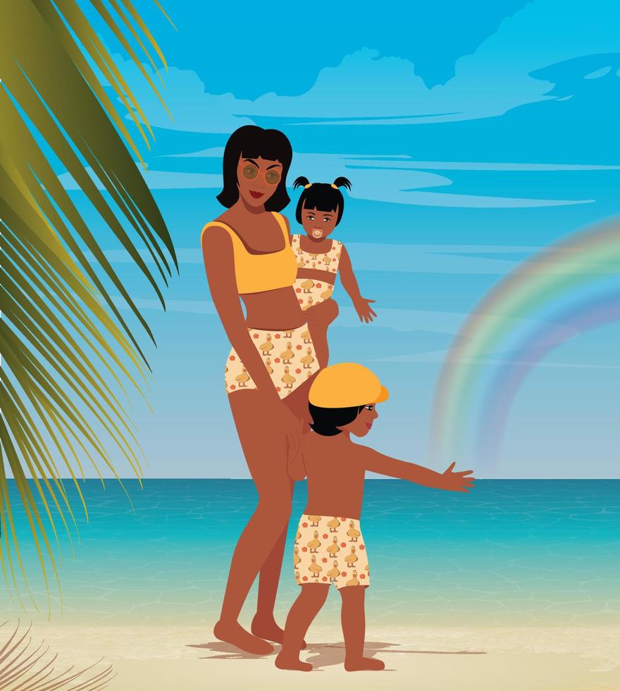 ilustración digital feliz día de la madre feliz mamá hija e hijo de vacaciones vector
