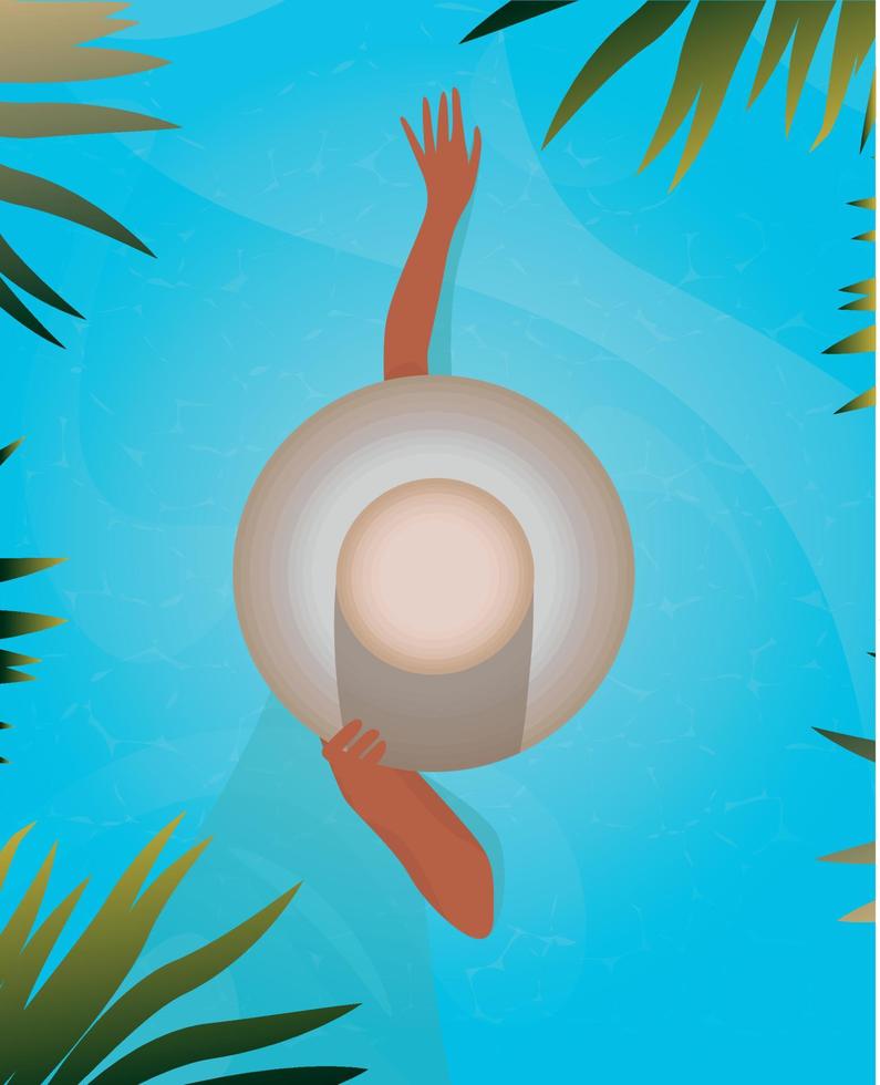 Digital illustration of a girl on vacation in the pool in a hat top view surrounded by greenery and palm trees vector