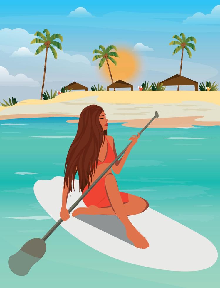 Digital illustration A girl on vacation in the Maldives on an island in a beautiful swimsuit swims and relaxes on a surfboard vector