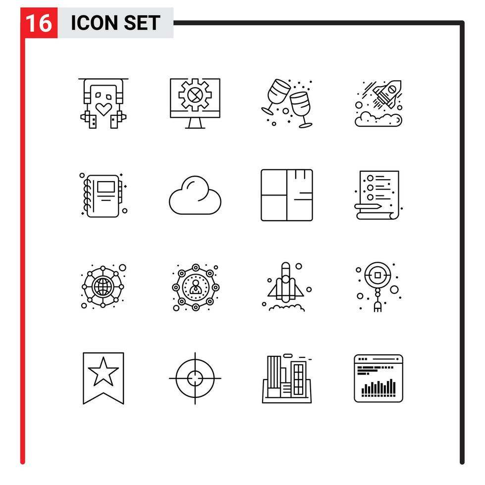 Universal Icon Symbols Group of 16 Modern Outlines of notebook startup birthday investment business Editable Vector Design Elements