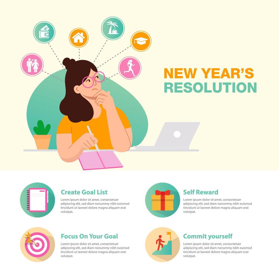 New years resolution and goals infographic. young woman with pen writes vector