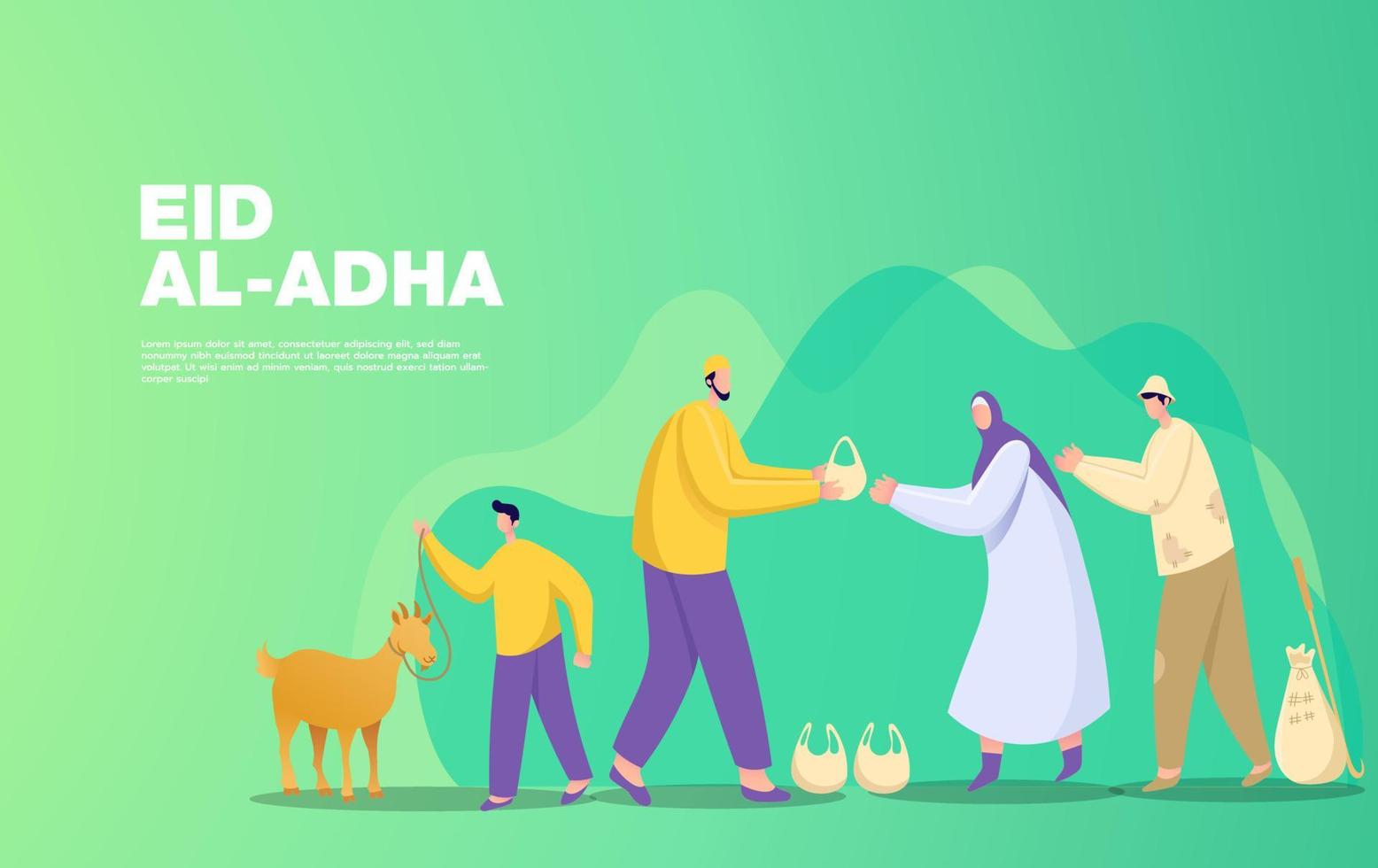 Eid al Adha mubarak greeting concept. illustration of sharing the meat of the sacrificial animal that has been cut vector