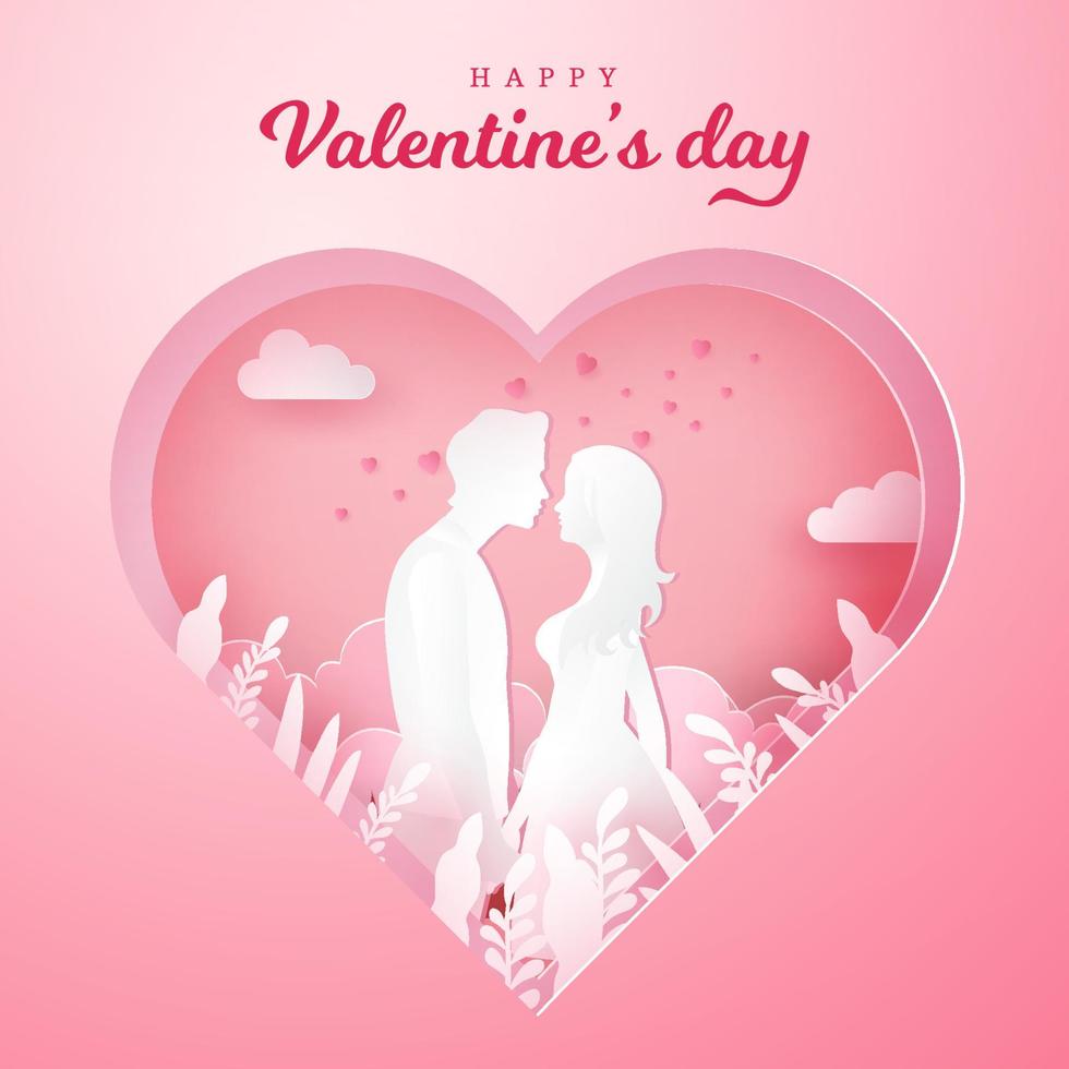 tarjeta de felicitación del día de san valentín. pareja enamorada tomándose de la mano y mirándose con un fondo de corazón tallado. vector